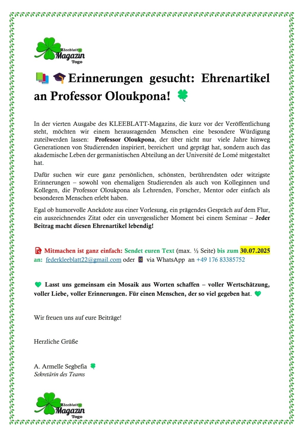 🎓📚 Erinnerungen gesucht: Ehrenartikel an Professor Oloukpona!&nbsp;🍀