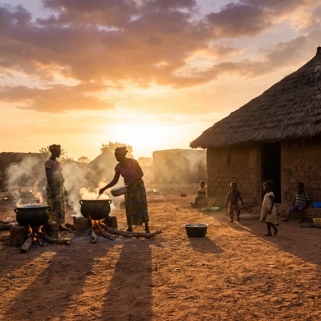 Two women cooking in large pots over wood fires outside a thatched-roof house at sunset.