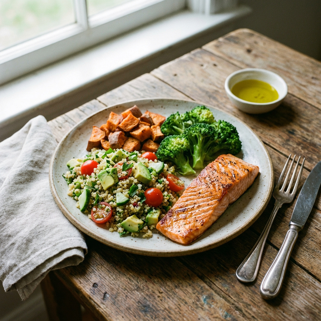 Seared salmon with steamed broccoli, roasted sweet potatoes, and a fresh quinoa salad.